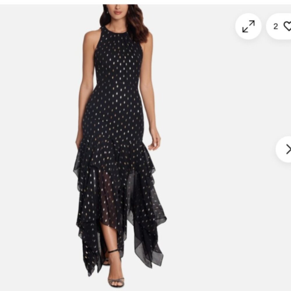 NWT Betsy & Adam Clipped Dot Chiffon Dress Size 6, Black with Metallic Detail
